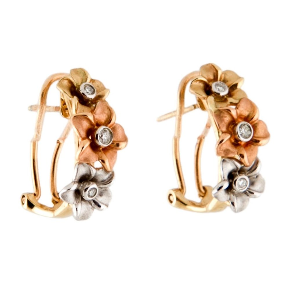 14K 585 TRI-COLORED ROSE,WHITE & YELLOW GOLD DIAMOND FLOWER EARCLIP EARRINGS